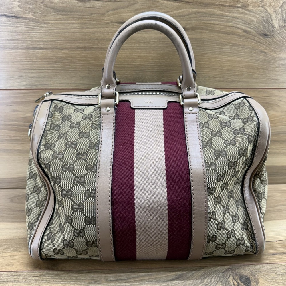 GUCCI Boston Satchel Burgundy Pink Stripe Zip Bag Large Monogram GG